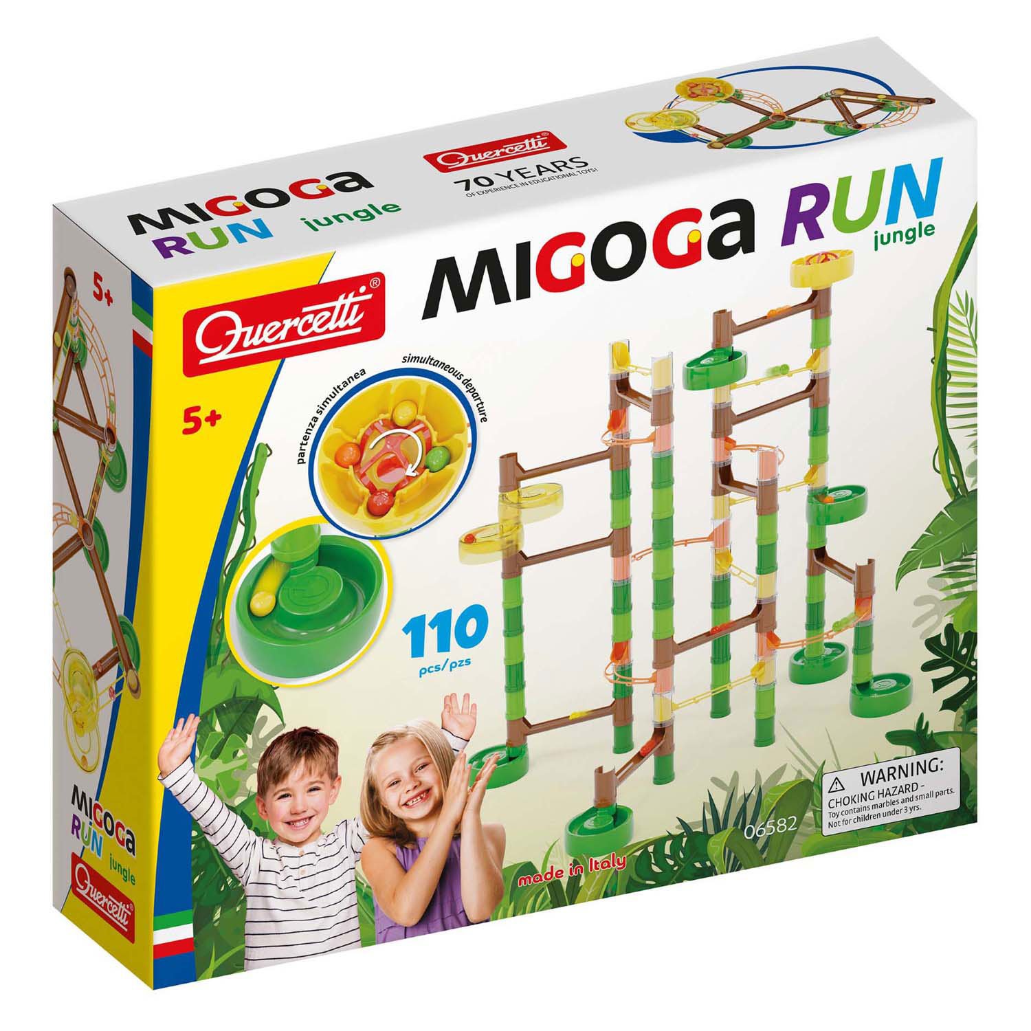 quercetti-migoga-run-jungle-speelset-kinderen Verpakking van Quercetti Knikkerbaan Migoga Jungle met 110 onderdelen