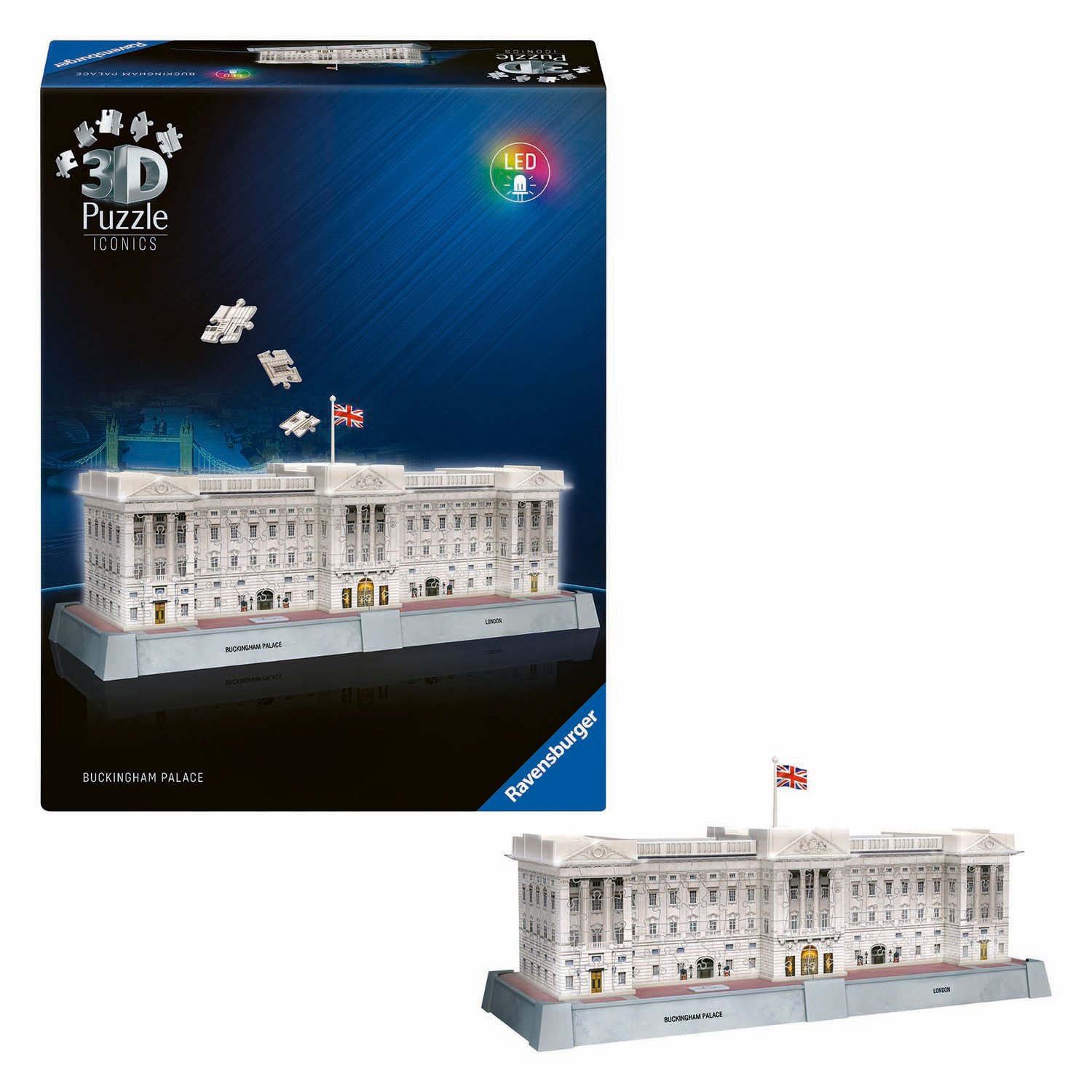 ravensburger-3d-puzzel-buckingham-palace-verpakking-led Ravensburger 3D puzzel van Buckingham Palace met LED-verlichting in luxe verpakking Ravensburger 3D Puzzel Iconics - Buckingham Palace met Licht, 260st.