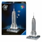 Ravensburger doos en voltooide 3D puzzel van het Empire State Building met sfeervolle LED-verlichting Ravensburger 3D Puzzel Iconics - Empire State Building met Licht, 241st.