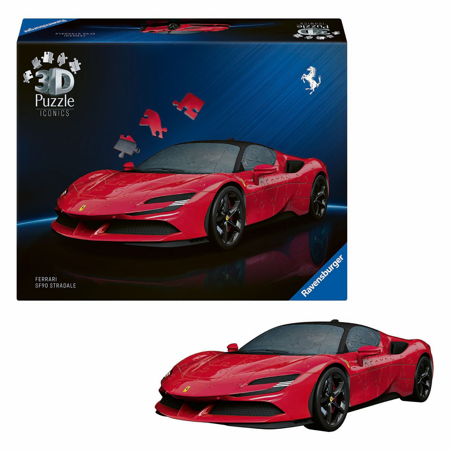 ravensburger-3d-puzzel-ferrari-sf90-stradale-in-doos 3D puzzel van een rode Ferrari SF90 Stradale in doos van Ravensburger 3D Puzzel Iconics - Ferrari SF90 Stradale, 163st.