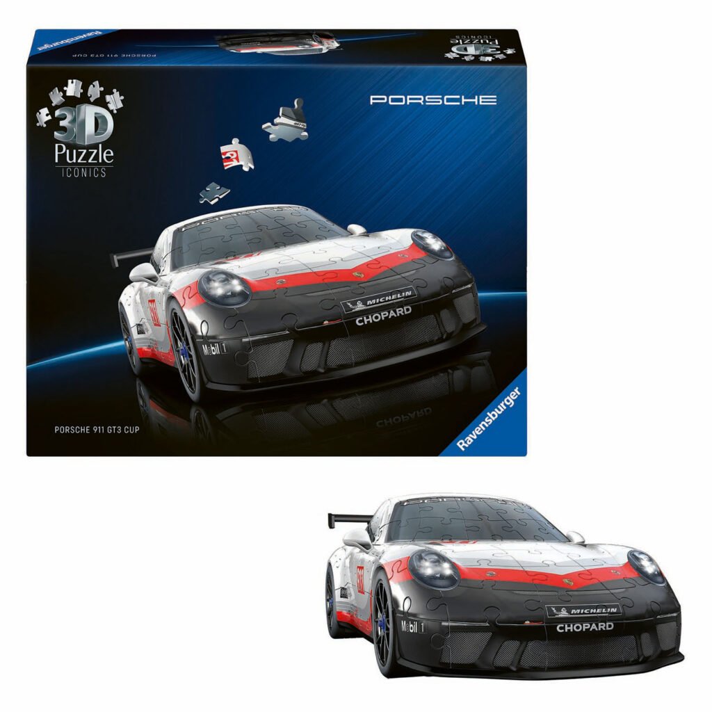 Ravensburger 3D puzzel Porsche 911 GT3 Cup met doos en gemonteerd model van de Ravensburger 3D Puzzel Iconics - Porsche 911 GT3 Cup, 154st.