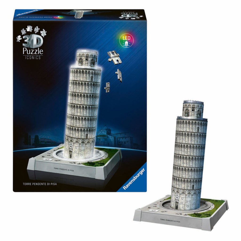 Ravensburger 3D puzzel Iconics - Toren van Pisa met licht van in verpakking