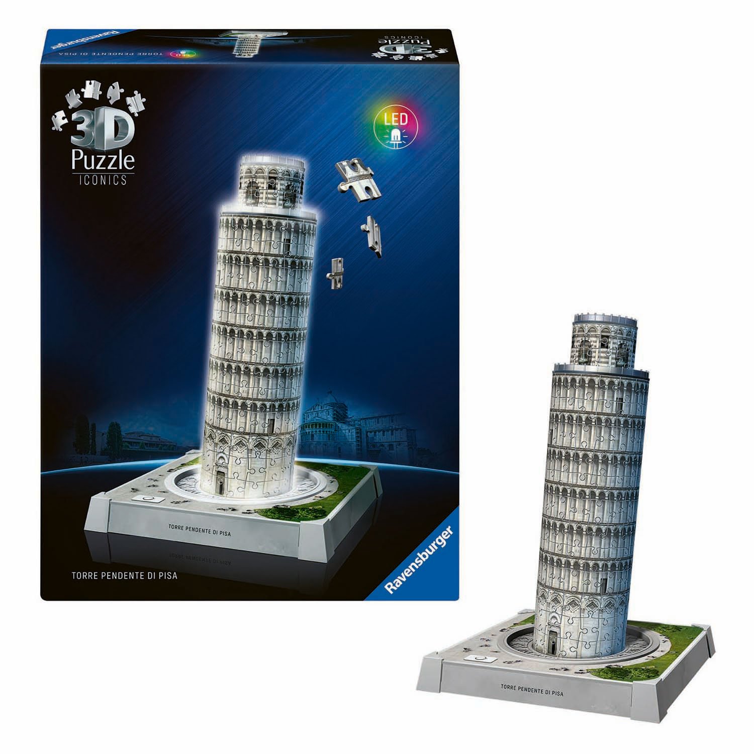 ravensburger-3d-puzzel-toren-van-pisa-led-verpakking Ravensburger 3D puzzel Iconics - Toren van Pisa met licht van in verpakking