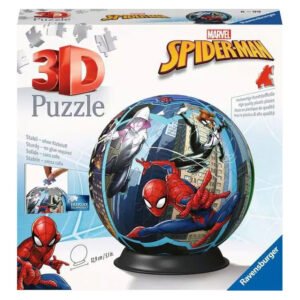 3D puzzelbal van Marvel Spider-Man met helden in actie op de verpakking van ravensburger