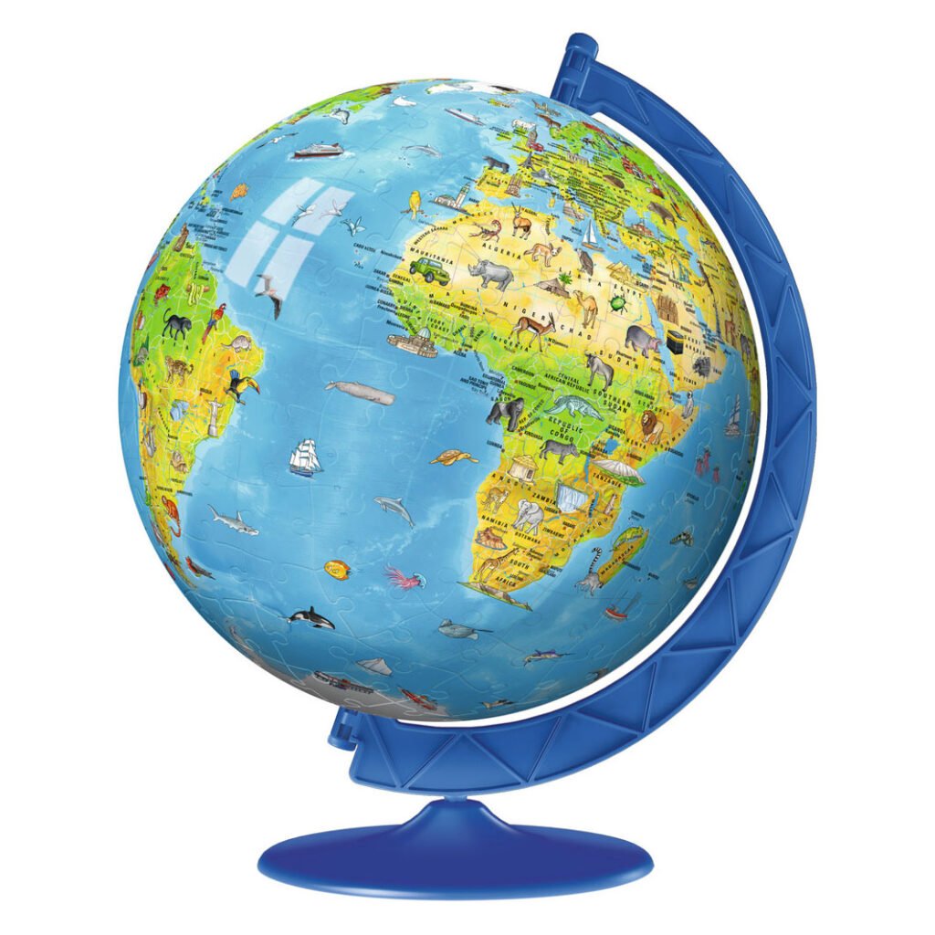 Gedetailleerde 3D puzzelglobe van Ravensburger met kleurrijke illustraties van dieren en oceanen Ravensburger XXL 3D Kinderglobe, 180st.