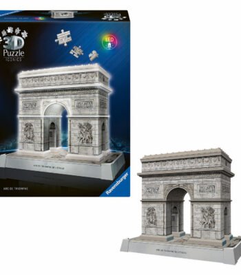 Combinatie van doos en gemonteerde 3D puzzel van Arc de Triomphe van de Ravensburger 3D Puzzel Iconics - Arc de Triomphe Parijs met Licht, 255st.