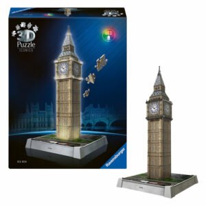 Verpakking en gemonteerde Big Ben 3D puzzel met verlichting Ravensburger 3D Puzzel Iconics - Big Ben met Licht, 235st.
