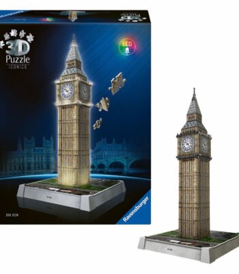 Verpakking en gemonteerde Big Ben 3D puzzel met verlichting Ravensburger 3D Puzzel Iconics - Big Ben met Licht, 235st.