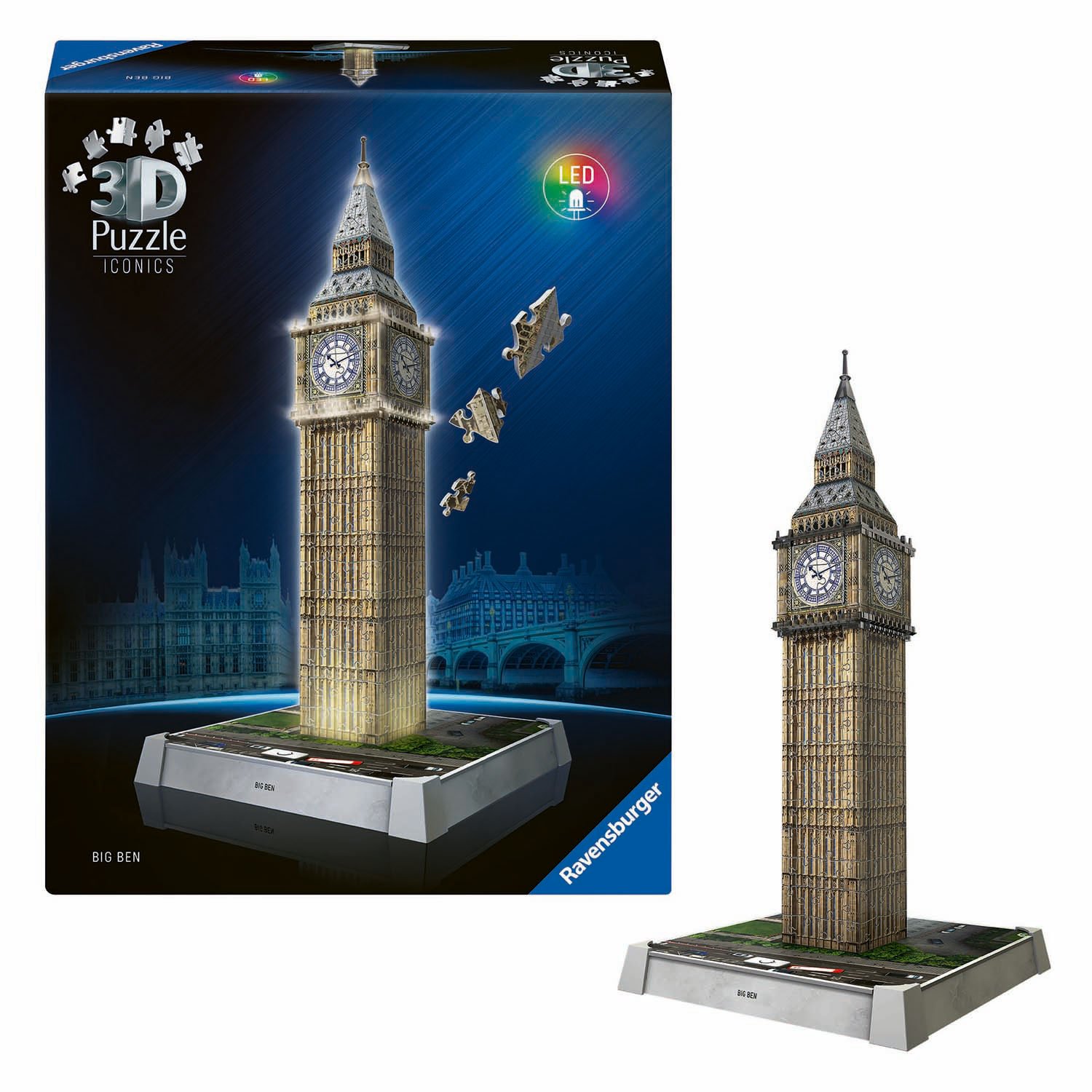 ravensburger-big-ben-3d-puzzel-verpakking-en-model Verpakking en gemonteerde Big Ben 3D puzzel met verlichting Ravensburger 3D Puzzel Iconics - Big Ben met Licht, 235st.