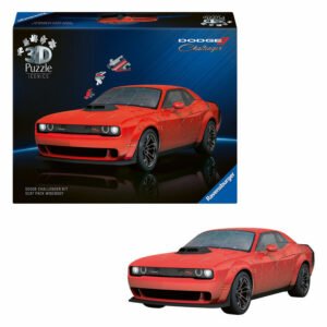 Ravensburger puzzel en model van rode Dodge Challenger R/T Scat Pack van Ravensburger 3D Puzzel Iconics - Dodge Challenger, 167st.