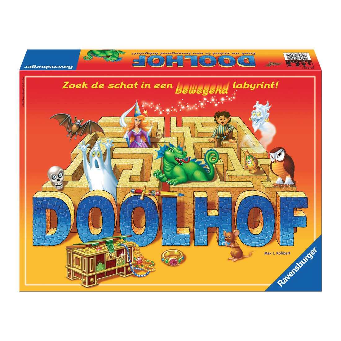 ravensburger-doolhof-bordspel-voorkant Voorkant van Ravensburger Doolhof bordspel met fantasiefiguren en schatkist