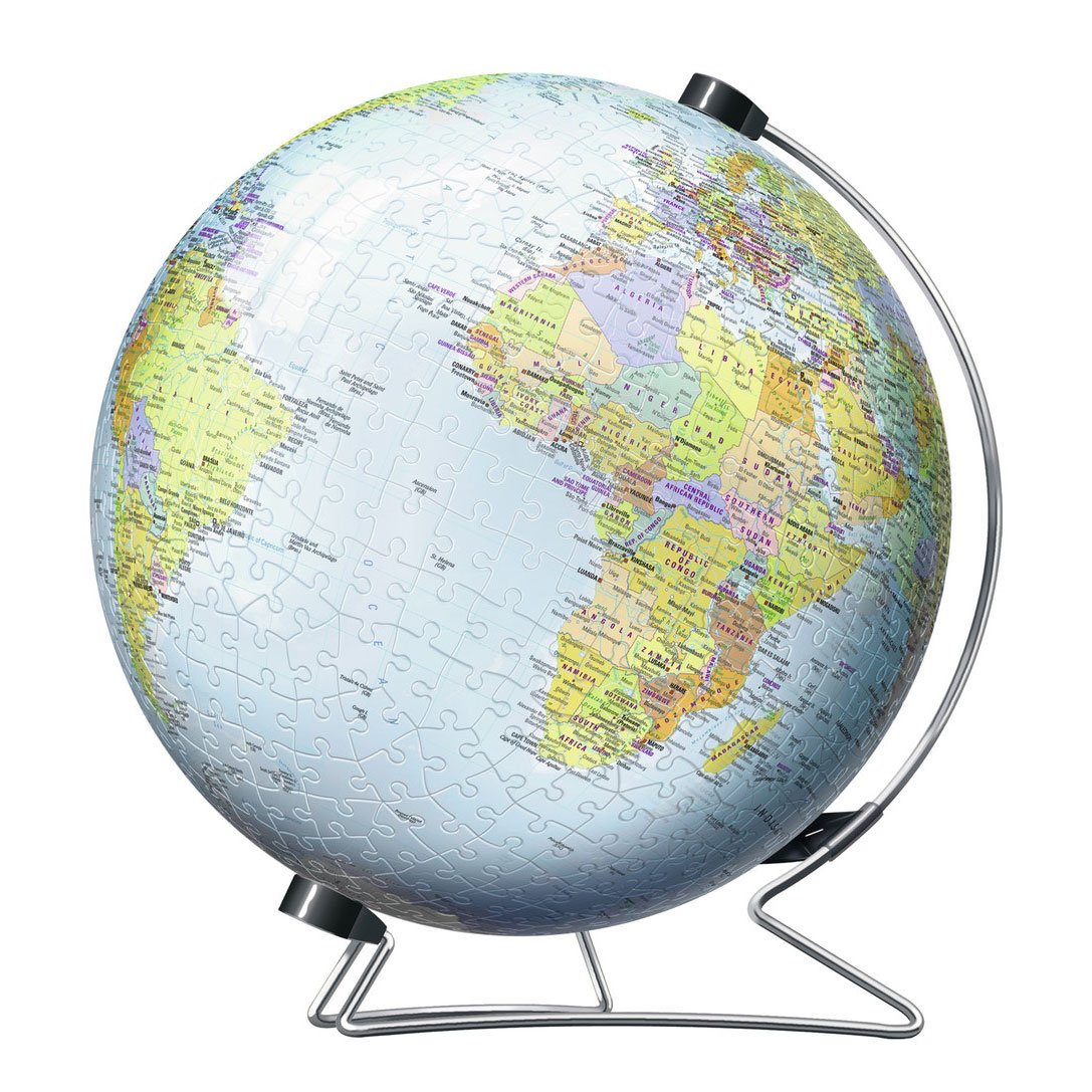 ravensburger-educatieve-wereldbol-puzzel-met-atlantische-oceaan Educatieve wereldbol puzzel met zicht op Atlantische Oceaan en Afrika Ravensburger 3D Globe Aarde, 540st.