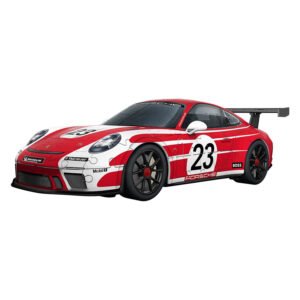 Gedetailleerd 3D puzzelmodel van de Porsche 911 GT3 Cup in rood-wit race design