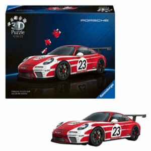 Porsche 911 GT3 Cup 3D puzzel met doos en gebouwd model zichtbaar van de Ravensburger 3D Puzzel Iconics - Porsche 911 Salzburg Editie, 154st.