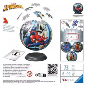 Spider-Man 3D puzzelbal met 73 stukjes en montage-uitleg op de doos van ravensburger