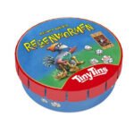 Regenwormen dobbelspel in kleurrijk rond blik met cartoonachtige vogelillustratie 999 Games Tiny Tins - Regenwormen