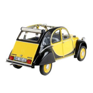 Modelauto van Citroën 2CV Charleston in zwart en geel vanaf de achterzijde
