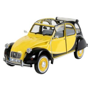 Gedetailleerde Citroën 2CV Charleston modelauto in zwart en geel vooraanzicht