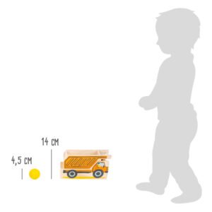 Houten kiepwagen met knikker en hoogtevergelijking naast silhouet kind