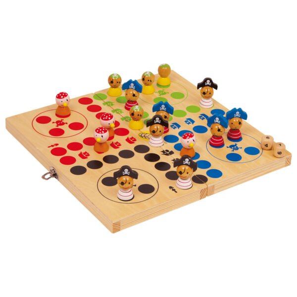 Houten Ludo bordspel met piratenfiguren in vrolijke kleuren Small Foot - Houten Ludo Pirateneiland