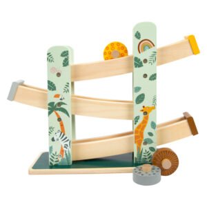 Speelgoed racebaan van hout met giraffe en zebra illustraties