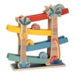 Kleurrijke Small Foot - houten knikkerbaan Dino met tropisch design en rollende ballen