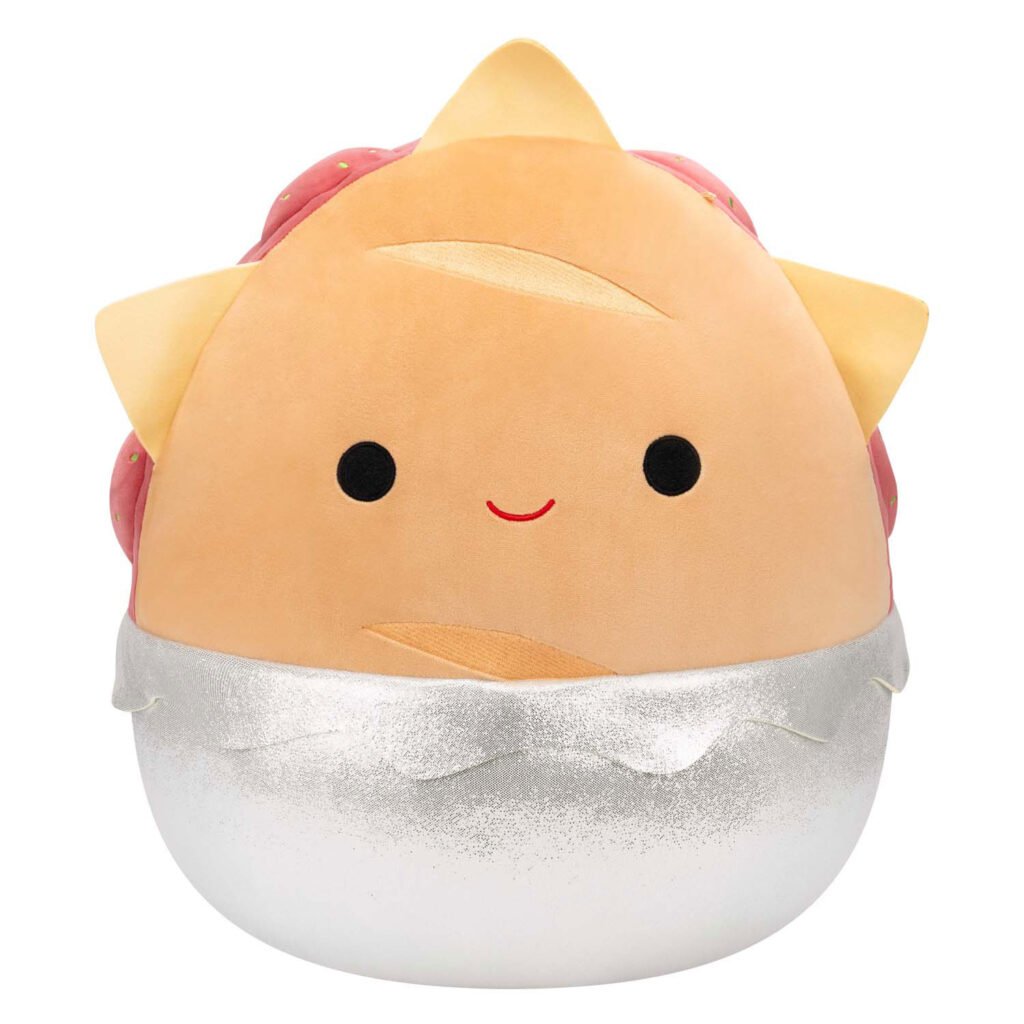 Schattige Squishmallow dim sum knuffel met glimlach en zilveren wikkel - vooraanzicht Squishmallows Knuffel Pluche - Gehaktbal Sandwich, 40cm