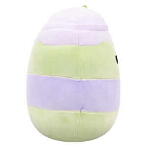 Pluche Squishmallow knuffel zijkant met lavendel en groene strepen, achterkant zichtbaar