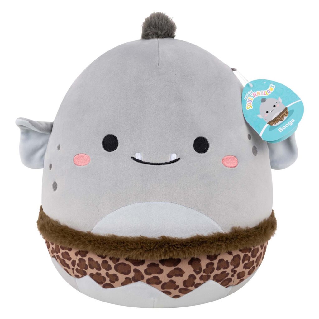 Grijze Squishmallows knuffel met etiket en luipaardprint broekje van voren bekeken Squishmallows Knuffel Pluche - Booga the Ogre - 30cm