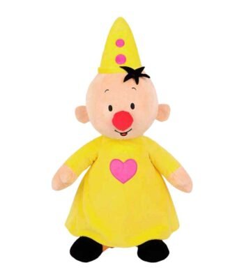Pluchen Bumba knuffel in gele outfit met roze hartje en feesthoed Bumba Pluchen Knuffel XXL - 90cm