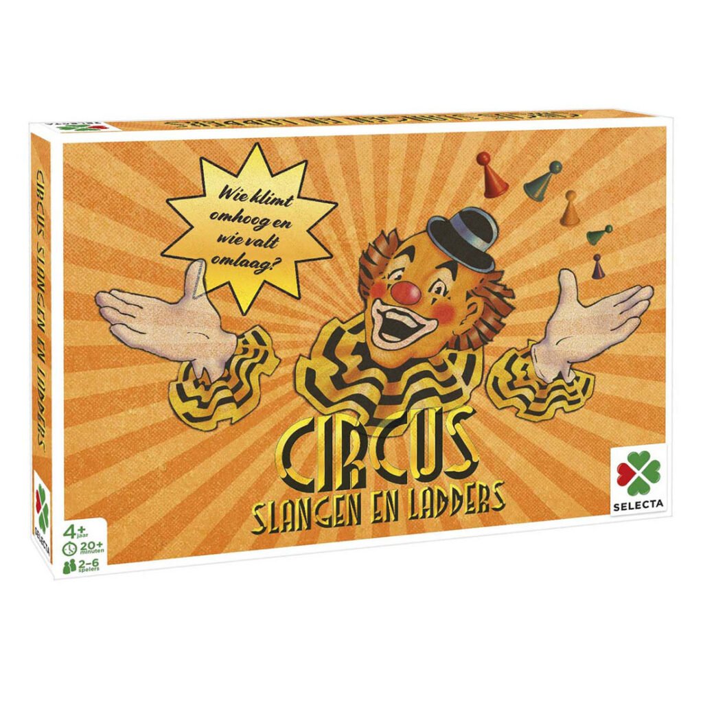 Clown op de doos van het bordspel Circus Slangen en Ladders van Selecta Bordspel Spellen van toen - Circus/Slangen en Ladders