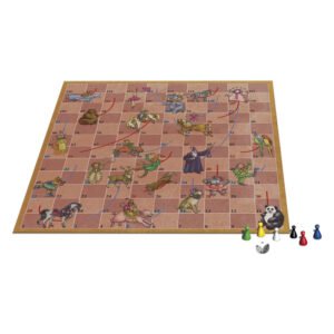 Speelbord van Circus Slangen en Ladders met kleurrijke circusfiguren en pionnen