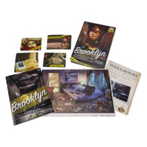 Inhoud van Crime Scene Brooklyn 2002 spel met kaarten, speelbord en dossierstukken van Tactic en Selecta