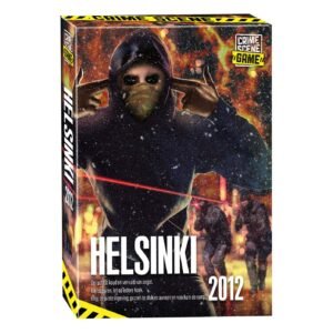 Doos van het misdaadspel Crime Scene Helsinki 2012 met gemaskerde verdachte op de voorkant. Crime Scene Helsinki NL Bordspel