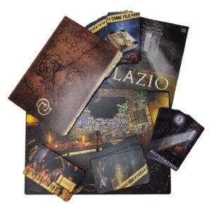Speelonderdelen van Crime Scene: Lazio 1356 met kaarten, boek en speelbord van tactic en selecta