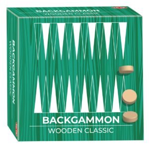 Verpakking van het houten backgammonspel van Tactic met groen design