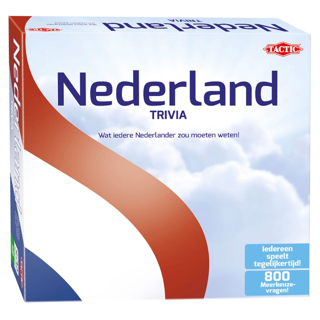 Nederland Trivia bordspel doos met vlagdesign en slogan van Tactic Games