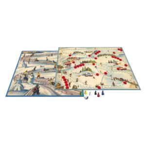 Overzicht van het bordspel Sleetje Rijden Ski Club met pionnen en speelbord