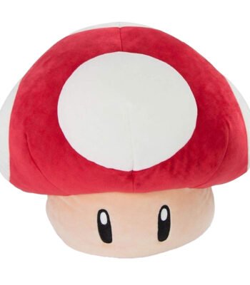Rood-witte Super Mario paddenstoel knuffel met grote ogen op witte achtergrond Tomy Mocchi - Mocchi Mega Super Mario Mushroom Pluchen Knuffel