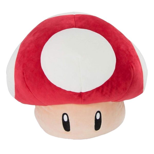 Rood-witte Super Mario paddenstoel knuffel met grote ogen op witte achtergrond Tomy Mocchi - Mocchi Mega Super Mario Mushroom Pluchen Knuffel