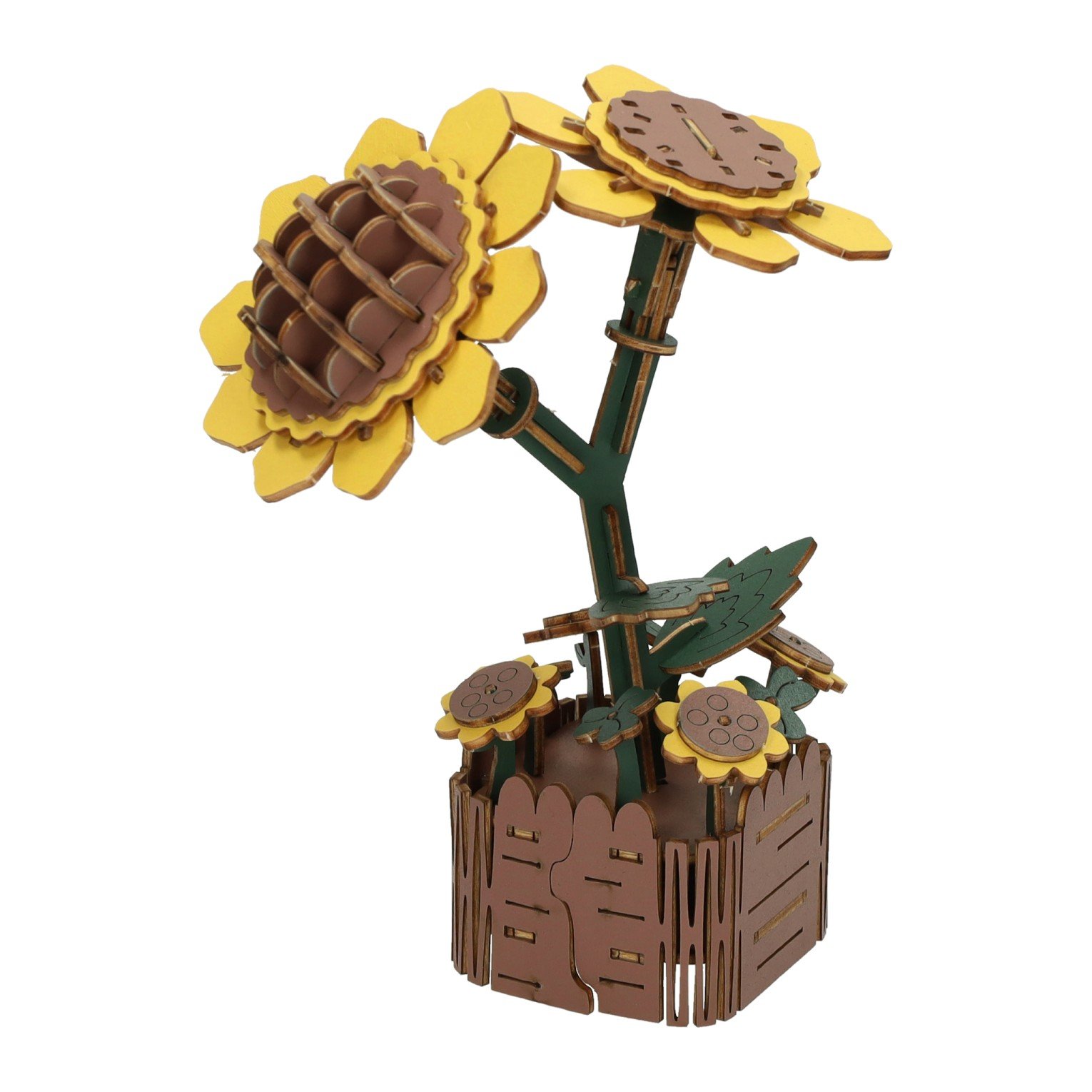 voltooide-3d-zonnebloem-puzzel-houten-model Voltooide 3D zonnebloem puzzel in houten uitvoering met gele bloemblaadjes Houten 3D Bouwpakket Zonnebloemen - 121dlg.