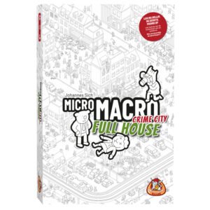 MicroMacro Crime City Full House doos met illustratieve zwart-wit stadsscène en speurpersonages MicroMacro: Crime City Full House