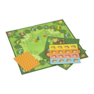 Monkey bordspel met speelbord, pionnen, stickers en dobbelsteen uitgelegd