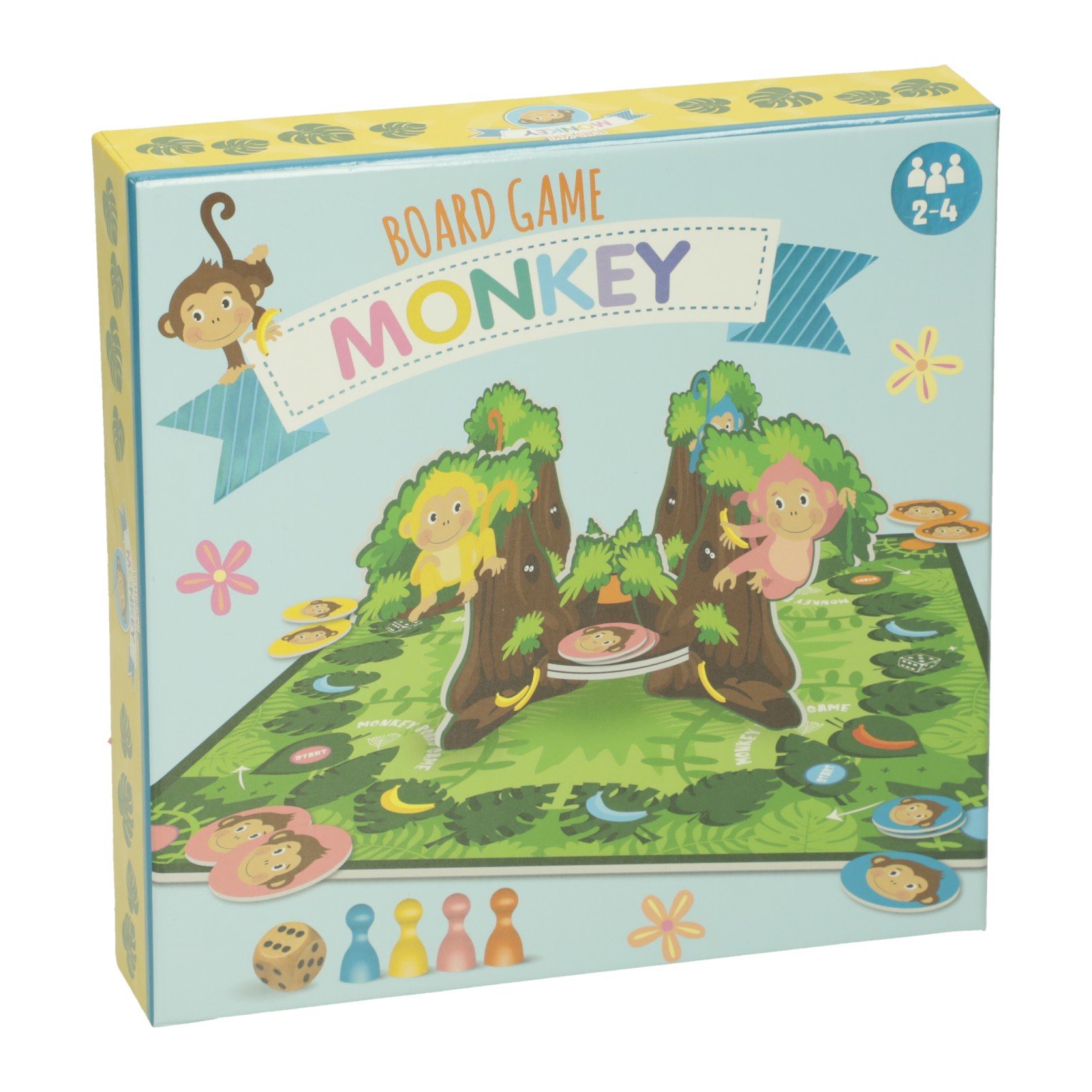 wins-holland-bordspel-monkey-voorkant-doos-kinderspel Speels bordspel met apenthema voor kinderen vanaf 2 spelers - voorkant verpakking Bordspel Monkey