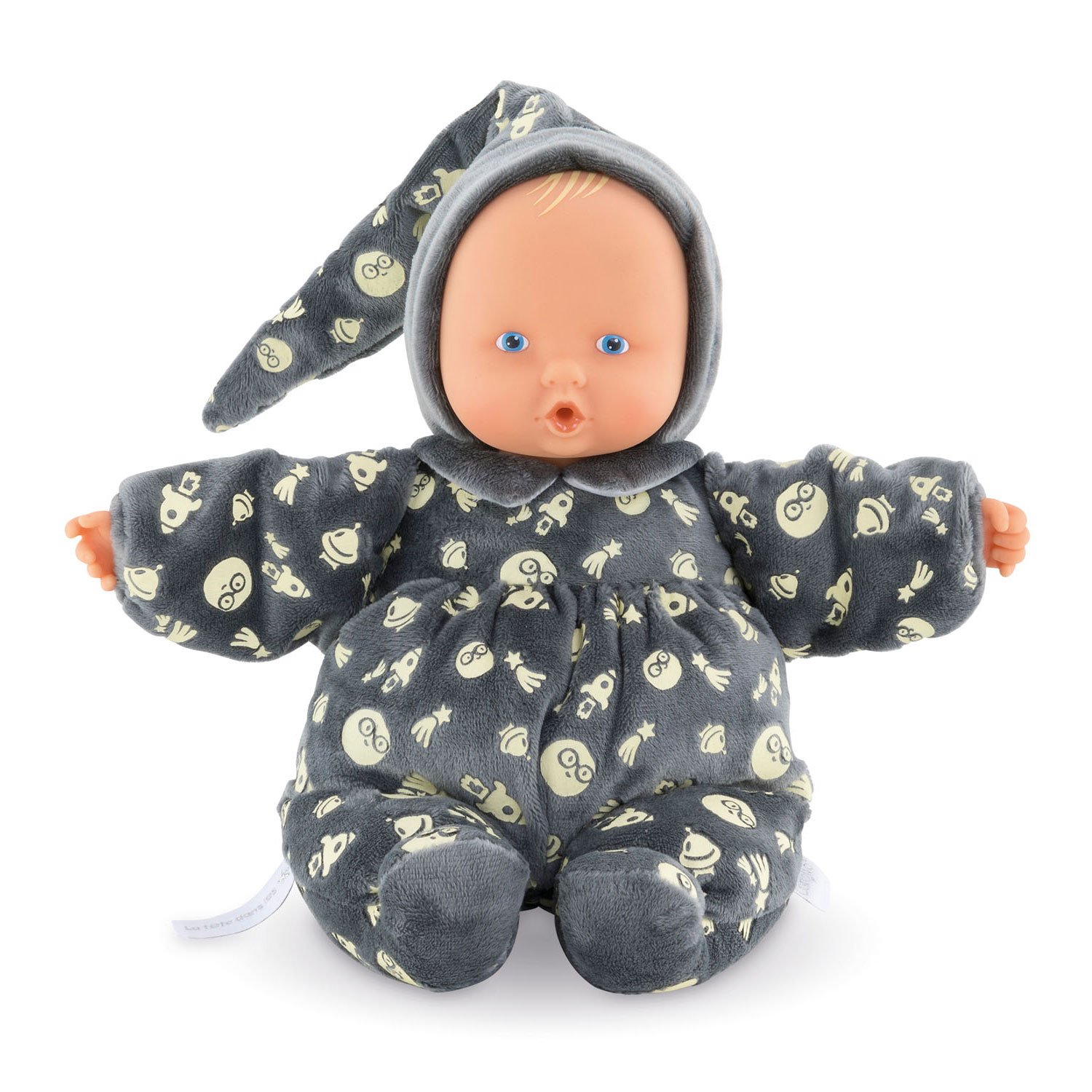 zittende-corolle-babypop-glow-in-the-dark-pyjama Zittende Mon Doudou Corolle babipouce - glow in the dark met expressief gezicht en pyjama met glow-in-the-dark details