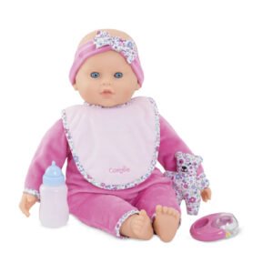 Zittende corolle babypop met roze slabbetje, flesje en rammelaar