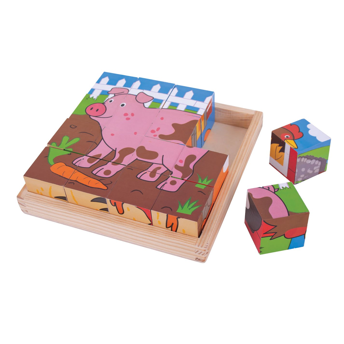 bigjigs-blokkenpuzzel-varken-wortel Bigjigs houten Blokpuzzel Boerderijdieren, 16st met roze varken en wortel op boerderij
