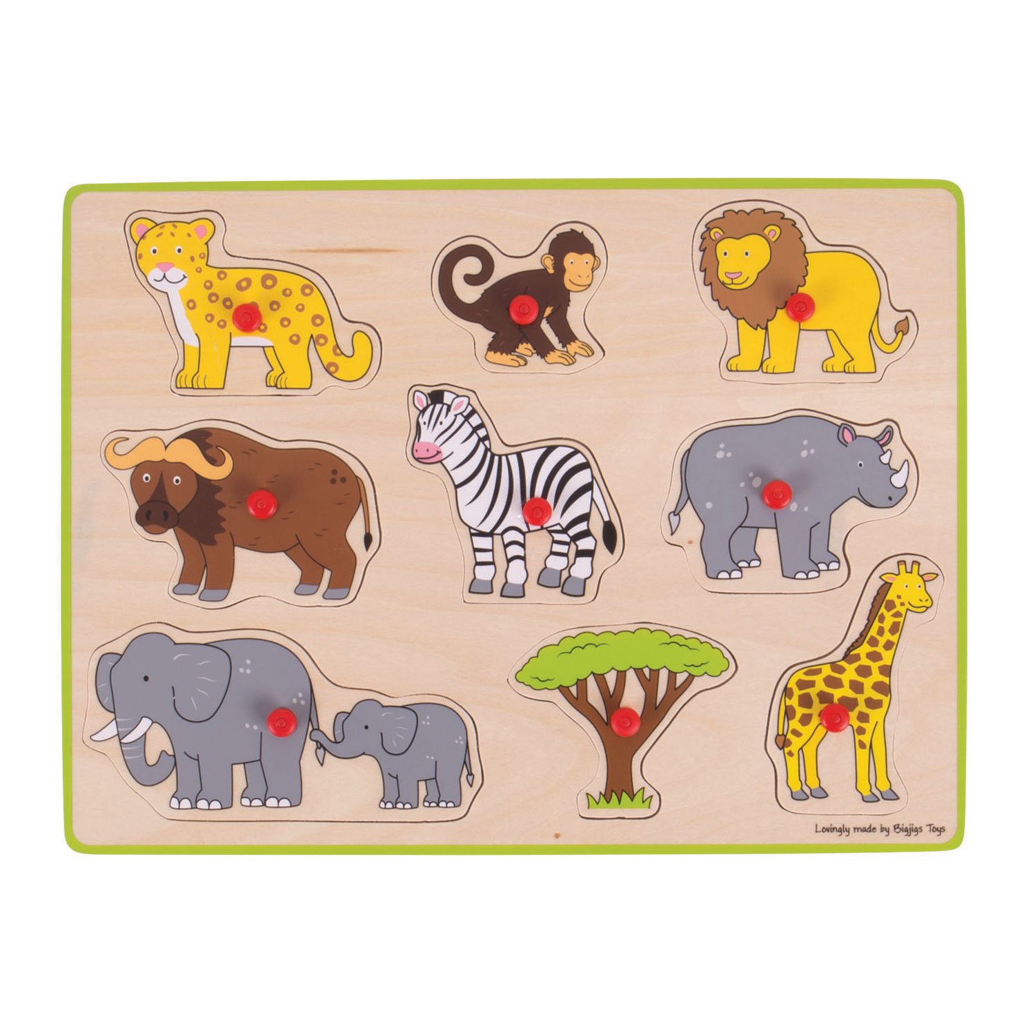 bigjigs-houten-afrikaanse-dieren-puzzel-kinderen Houten puzzel met Afrikaanse dieren voor kinderen Bigjigs Houten Noppenpuzzel Safari, 9dlg.