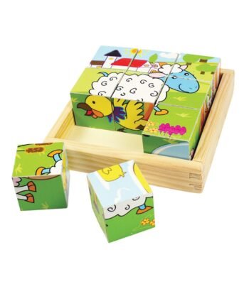 Bigjigs Houten Blokpuzzel Boerderijdieren in houten bak op witte achtergrond