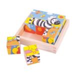 Bigjigs Houten Blokpuzzel Safari met roze houten doos en losse blokken